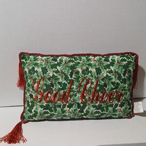 Good Cheer Monogram Festive Green Red Holiday Pillow EUC